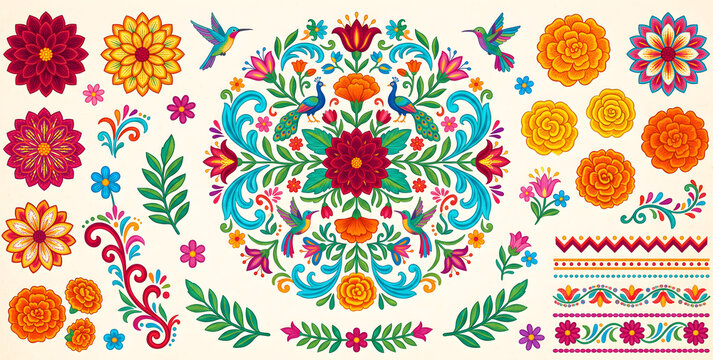 Mexican, Florals. Mexican flowers and florals vector set of bright colorful blooming plants with Mexico ethnic or folk ornaments Blossoms, flourishes