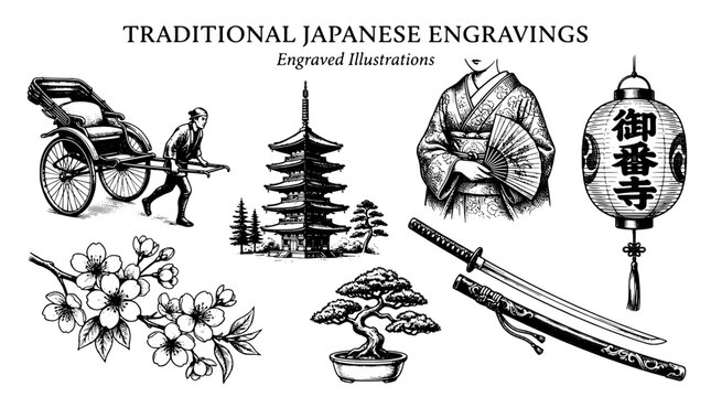 Traditional Japanese engravings showcase cultural elements and artistry