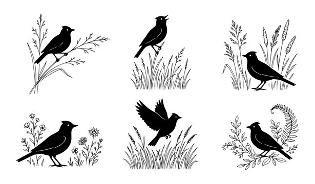 Lark Bird and Meadow Grass Wildlife Silhouette Vector Set