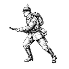 Obraz premium Engraved illustration of a soldier from the early 20th century walking with a weapon