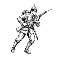 Obraz premium Detailed engraving of a soldier in military uniform holding a rifle while in motion during a battle scene from a historical context
