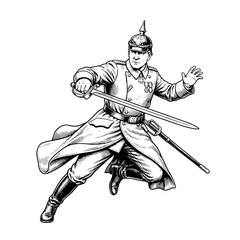 Obraz premium Engraved illustration of a soldier in action with sword in hand from a vintage era