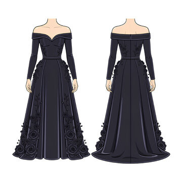 Midnight Rose Luxury Evening Gown Front and Back View Flat Vector Fashion Illustration