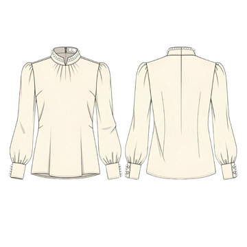 Elegant Pearl Detail Women&rsquo;s Blouse Front and Back View Flat Vector Fashion Design