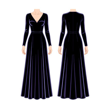 Luxury Velvet Evening Gown Front and Back View Flat Vector Women&rsquo;s Fashion Illustration