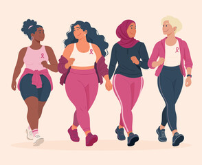 Fototapeta na wymiar Illustration de quatre femmes diverses participant à une marche solidaire pour Octobre Rose. Mobilisation, activité physique, prévention et soutien contre le cancer du sein.