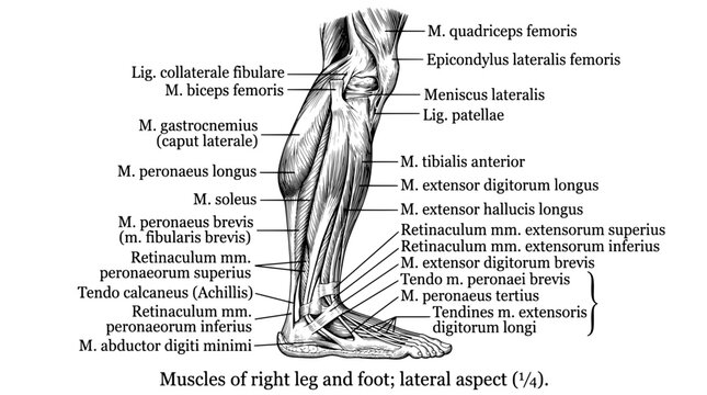 Muscles of right leg and foot shown from the lateral view with detailed labels