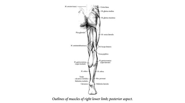 Outlines of muscles of right lower limb from posterior aspect presented in engraved illustration
