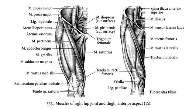 Muscles of right hip joint and thigh shown with details on anterior aspect