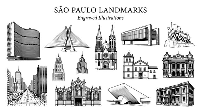 Engraved illustrations of landmark architecture in Sao Paulo, showcasing various buildings and monuments