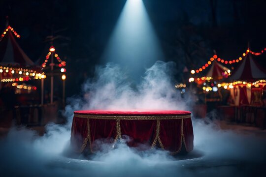 Circus podium spotlight, red velvet round stage gold trim, smoke fog beams. Night carnival tents lights backdrop, circus podium spotlight magic show