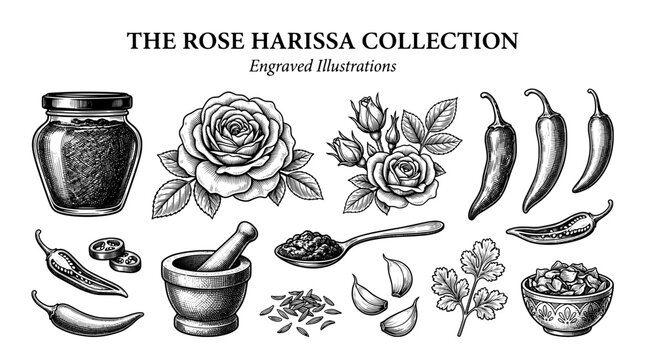 Engraved illustrations of rose harissa collection featuring ingredients and preparation tools