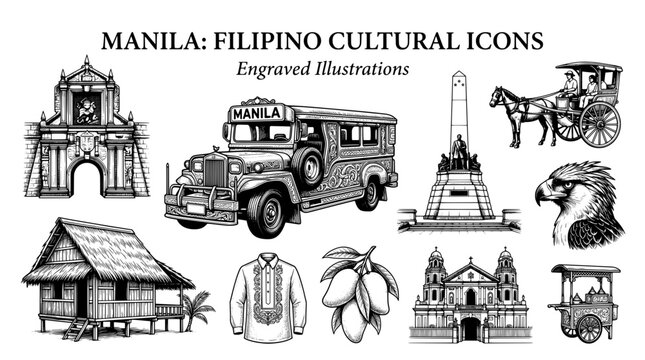 Engraved illustrations of Filipino cultural icons from Manila showcasing traditional elements and symbols