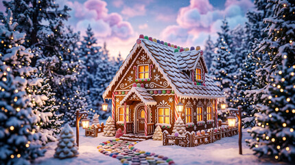 Fototapeta premium Festive Gingerbread Cottage With Candy Path In Snowy Christmas Forest