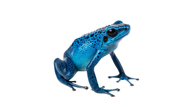 Bright blue exotic poison dart frog sitting on surface isolated on transparent background