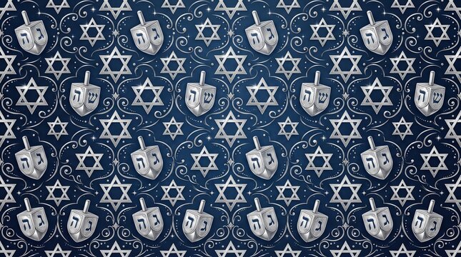 Hanukkah background with silver dreidels and Star of David pattern on blue texture