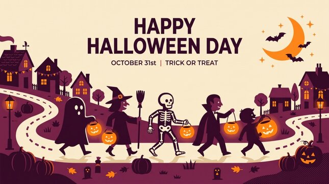 Happy Halloween Day Celebration with Trick-or-Treating Children in Costumes.