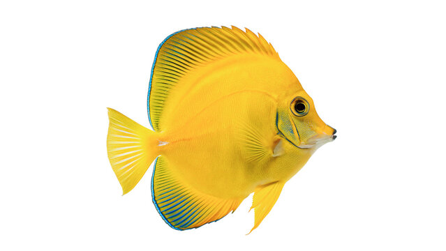 Vibrant yellow tropical discus fish swimming calmly close up isolated on transparent background