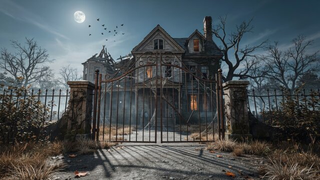 Old abandoned mansion at night with full moon in the background