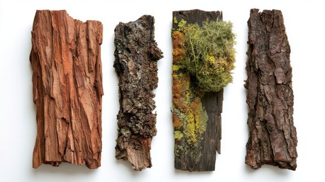 A row of four different dried bark and lichen specimens from different tree species, arranged vertically, diverse textures and colors.