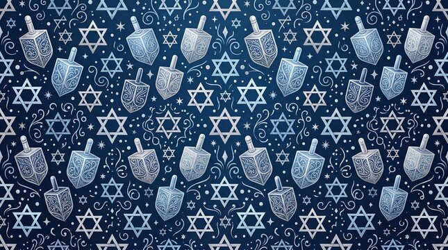Hanukkah seamless pattern with silver dreidels and Star of David on dark blue background