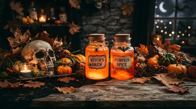 Halloween themed flat lay with candles skull and autumn decorations in dim lighting