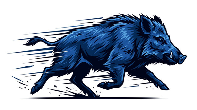 Dynamic side view illustration of a stylized blue wild boar sprinting with speed motion lines. Powerful feral hog mascot design with aggressive features on a white background.