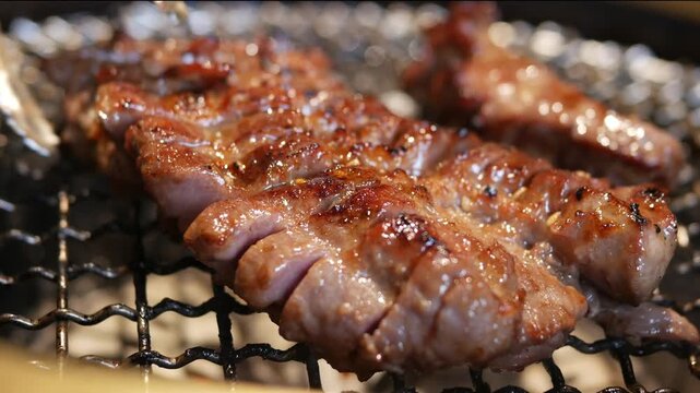 Close-up shot of grilled pork on a stainless steel mesh over a charcoal grill with bursting flames.