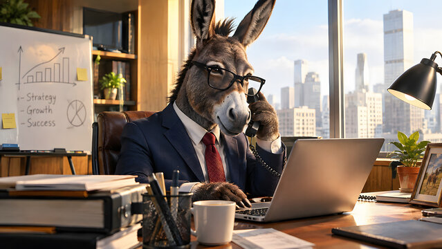 Donkey Businessman Doing Business in an Office &ndash; Funny Animal Entrepreneur Illustration