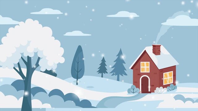 Cozy Cartoon House in Snowy Winter Landscape with Falling Snow