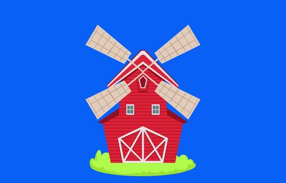 Cartoon Windmill Animation on Blue Background
