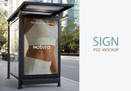 Bus Stop Sign Mockup PSD With Fit Woman Ad In Urban Street Scene