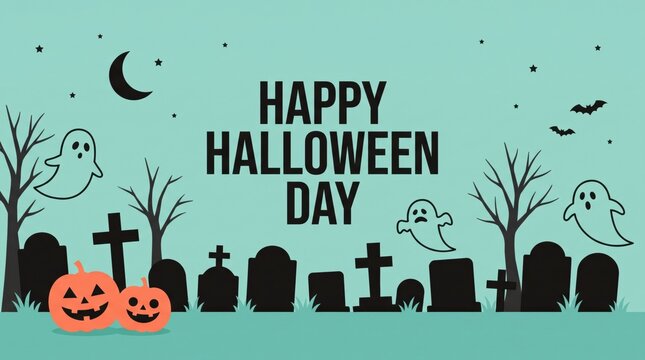 Happy Halloween Day Spooky Graveyard Scene with Ghosts and Pumpkins.
