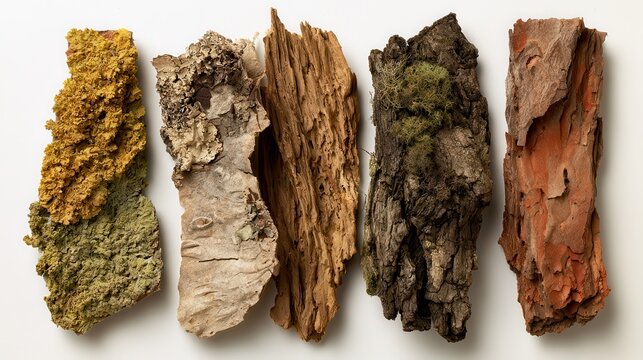 A row of four different dried bark and lichen specimens from different tree species, arranged vertically, diverse textures and colors.