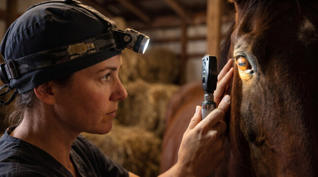 Equine ophthalmologist examining horse eye with direct ophthalmoscope and headlamp in stable