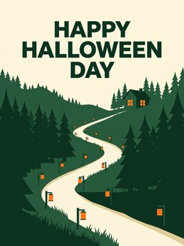 Happy Halloween Day Winding Road to a Spooky House in a Forest.