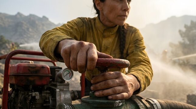 Bombera forestal accionando la v&aacute;lvula de una motobomba durante las labores de extinci&oacute;n de un incendio
