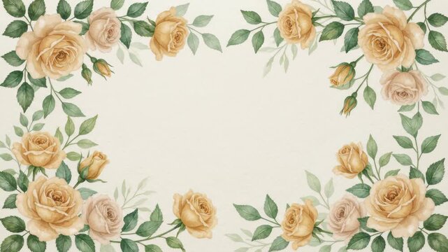 Elegant watercolor floral frame with delicate yellow and pink roses and green leaves, perfect for invitations and greetings.