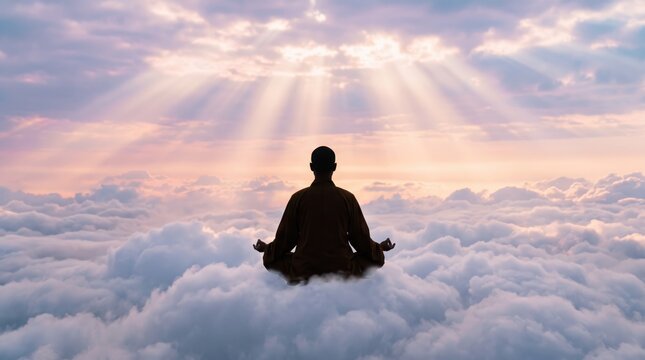 Silhouette of a monk meditating in lotus position above the clouds, peaceful sunset with sun rays, spiritual enlightenment, zen mindfulness, tranquility and inner peace concept