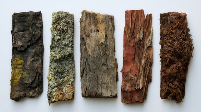 A row of four different dried bark and lichen specimens from different tree species, arranged vertically, diverse textures and colors.