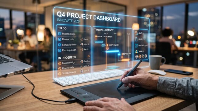 Futuristic holographic project management dashboard interface floating above desk in modern office at night, businessman using stylus on graphics tablet, data visualization concept