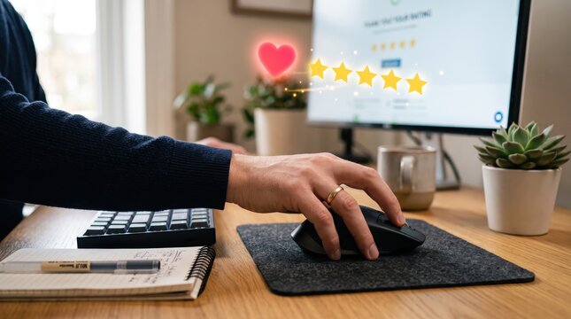 Person using computer mouse to give five star rating and positive feedback on screen, showing customer satisfaction, love icon, and excellent service review online.