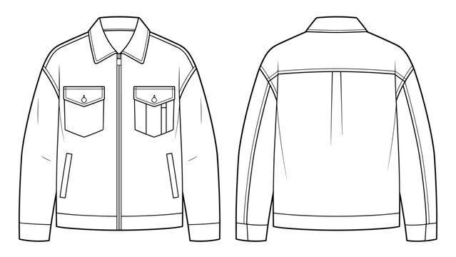 Drop Shoulder Multi Pocket Zip Up Denim Jacket Fashion Flat Sketch Vector Illustration, CAD, Technical Drawing, Flat Drawing, Template, Mockup