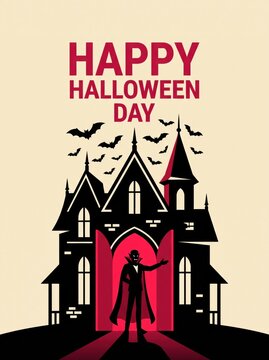 Happy Halloween Day with Haunted House and Vampire Silhouette.