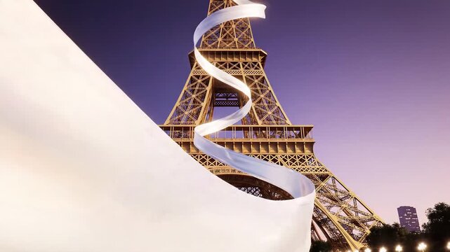 The Eiffel Tower in Paris partially wrapped by a flowing white ribbon spiral decoration against a dusk toned background
