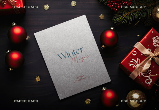 Festive Card Mockup With Ornaments PSD