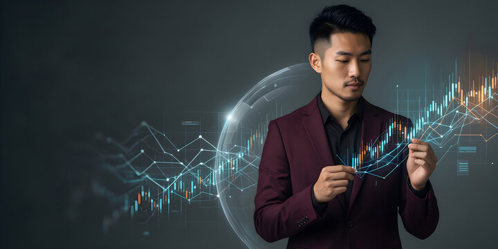 Fictional East Asian nonbinary professional in their late thirties with an undercut and a dark maroon suit evaluating financial risk beside branching data paths and a clear protective boundary