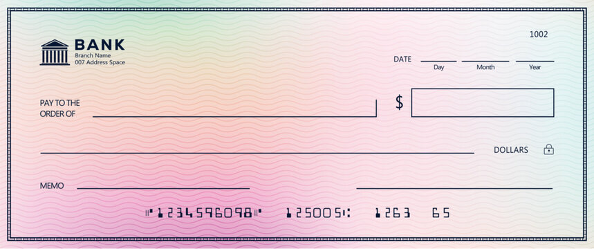 Vector bank cheque template with pastel wavy background pattern, date grid, account number box, signature line, and bank icon. Clean accounting illustration.
