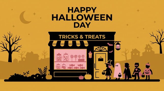Happy Halloween Day with Kids Trick or Treating at a Spooky Candy Store.