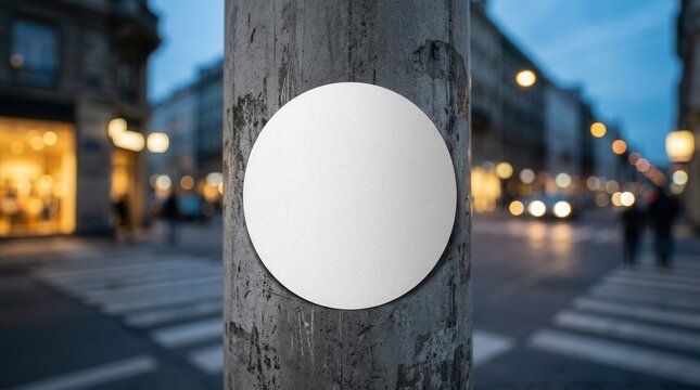 Street scene featuring a white textured label template and a round blank sticker mockup on a pillar